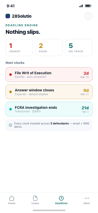 28Solutio app — the deadline engine tracking every statutory clock
