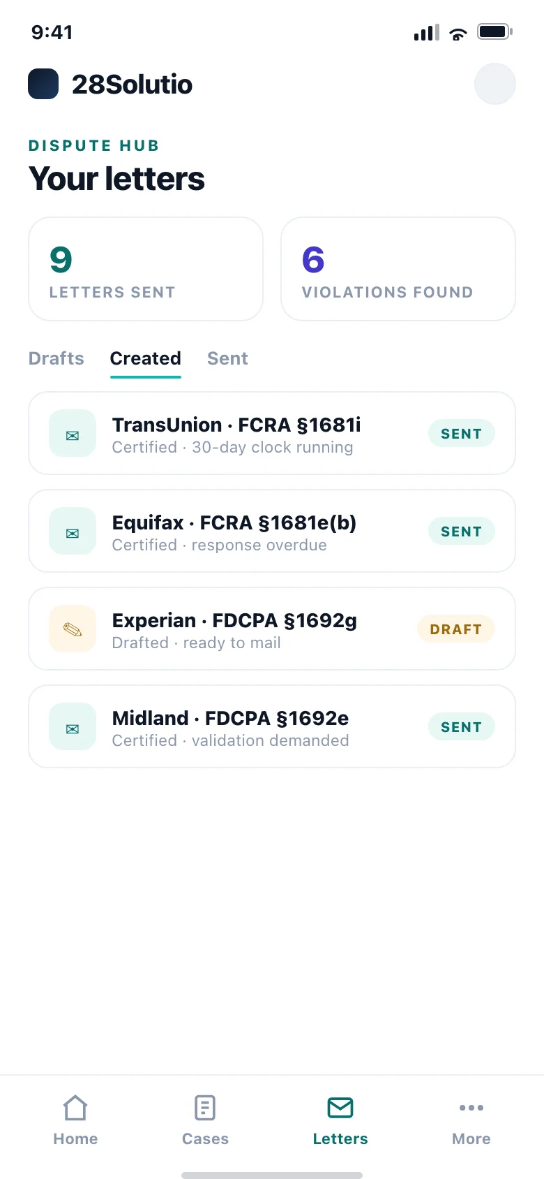 28Solutio app — the dispute-letter hub citing FCRA and FDCPA statutes