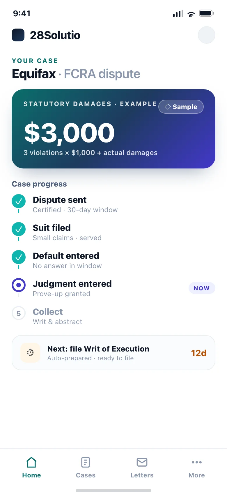 28Solutio app — a case advancing to default judgment with example statutory damages