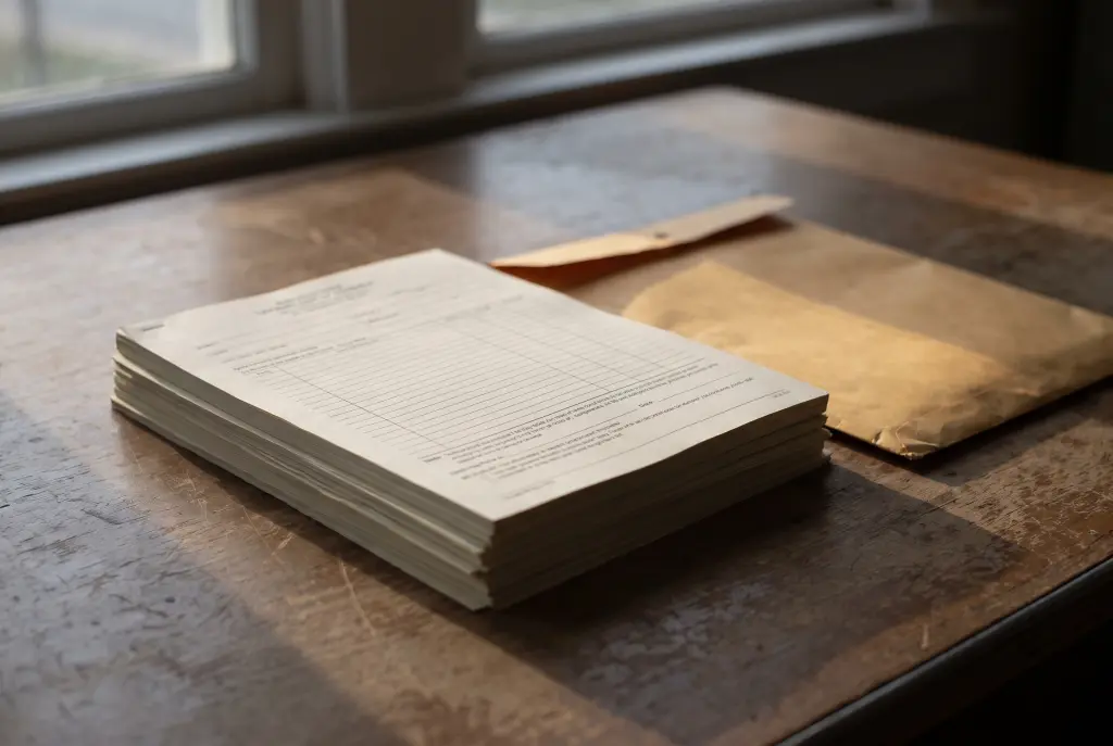 A stack of printed legal forms and a manila envelope on a desk in window light.